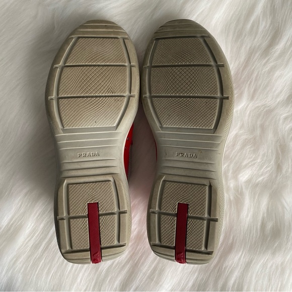 Prada America’s Cup Red Patent Leather & Silver Mesh Lace-Up Men’s Sneakers - Picture 10 of 16